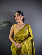 Dista Elora Mustard Lichi Silk Striped Jacquard Zari Weaving Banarasi Saree, view 2
