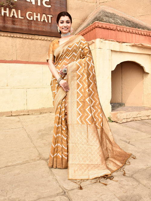 Dista Elora Mustard Linen Zig Zag Ikat Wedding wear Designer Saree