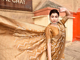 Dista Elora Mustard Linen Zig Zag Ikat Wedding wear Designer Saree, view 3