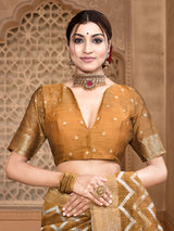 Dista Elora Mustard Linen Zig Zag Ikat Wedding wear Designer Saree, view 5