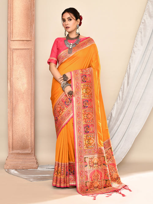 Dista Elora Mustard Pure Soft Silk Banarasi Plain Weaving Saree