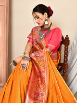 Dista Elora Mustard Pure Soft Silk Banarasi Plain Weaving Saree, view 3