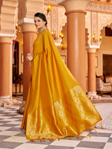 Dista Elora Mustard Soft Silk Kanjivaram Zari Jacquard Work Designer Saree, view 3
