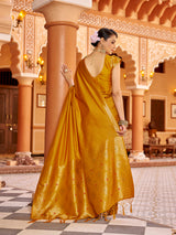 Dista Elora Mustard Soft Silk Kanjivaram Zari Jacquard Work Designer Saree, view 4