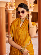 Dista Elora Mustard Soft Silk Kanjivaram Zari Jacquard Work Designer Saree, view 6