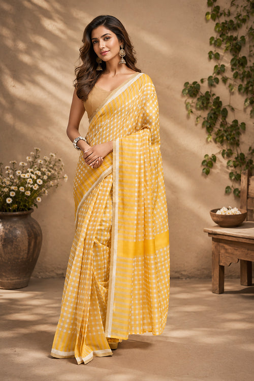 Dista Elora Mustard Yellow Chanderi Cotton Checkered Printed Ready To Wear Saree