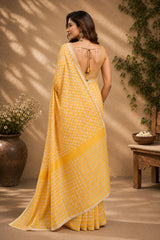 Dista Elora Mustard Yellow Chanderi Cotton Checkered Printed Ready To Wear Saree, view 2