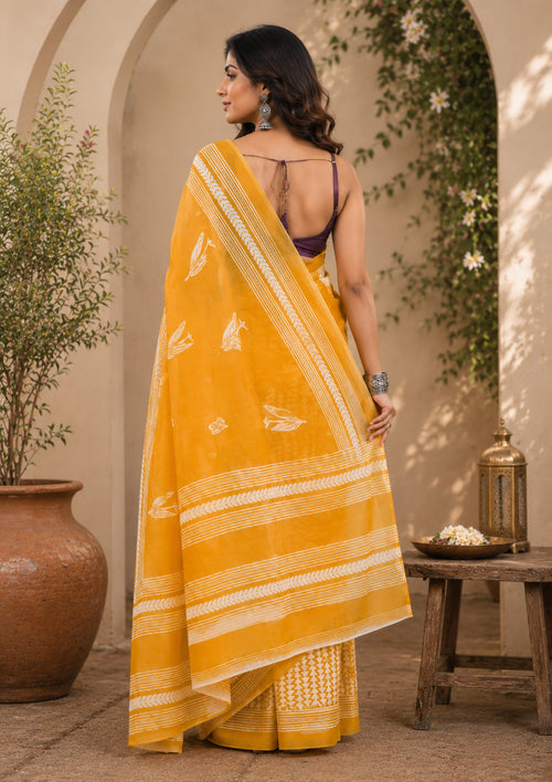 Dista Elora Mustard Yellow Linen Geometric Chevron/Leaf Digital Print Bollywood Saree