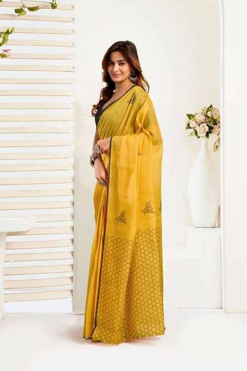 Dista Elora Mustard Yellow Linen Geometric Printed Ready To Wear Saree