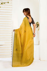 Dista Elora Mustard Yellow Linen Geometric Printed Ready To Wear Saree, view 4