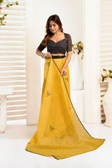 Dista Elora Mustard Yellow Linen Geometric Printed Ready To Wear Saree, view 5