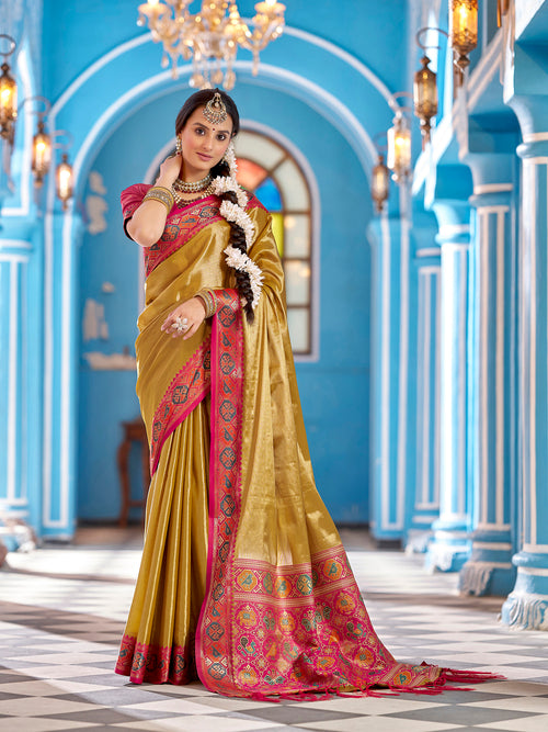Dista Elora Mustard Yellow Zari Tissue Solid Banarasi Silk Woven Jacquard Work Designer Saree