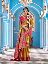 Dista Elora Mustard Yellow Zari Tissue Solid Banarasi Silk Woven Jacquard Work Designer Saree, view 2
