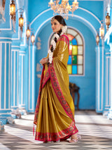 Dista Elora Mustard Yellow Zari Tissue Solid Banarasi Silk Woven Jacquard Work Designer Saree, view 3