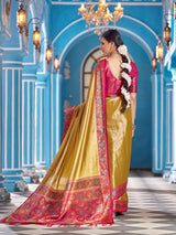 Dista Elora Mustard Yellow Zari Tissue Solid Banarasi Silk Woven Jacquard Work Designer Saree, view 4