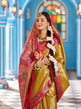 Dista Elora Mustard Yellow Zari Tissue Solid Banarasi Silk Woven Jacquard Work Designer Saree, view 5