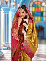 Dista Elora Mustard Yellow Zari Tissue Solid Banarasi Silk Woven Jacquard Work Designer Saree, view 6