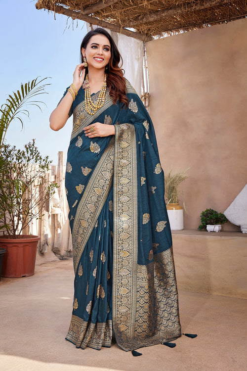 Dista Elora Navy Blue Butta Zari Jacquard Silk Blend Paithani Saree