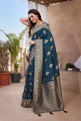 Dista Elora Navy Blue Butta Zari Jacquard Silk Blend Paithani Saree, view 2