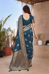 Dista Elora Navy Blue Butta Zari Jacquard Silk Blend Paithani Saree, view 3
