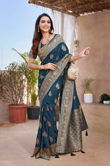 Dista Elora Navy Blue Butta Zari Jacquard Silk Blend Paithani Saree, view 5