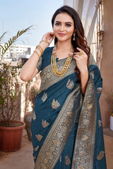 Dista Elora Navy Blue Butta Zari Jacquard Silk Blend Paithani Saree, view 6
