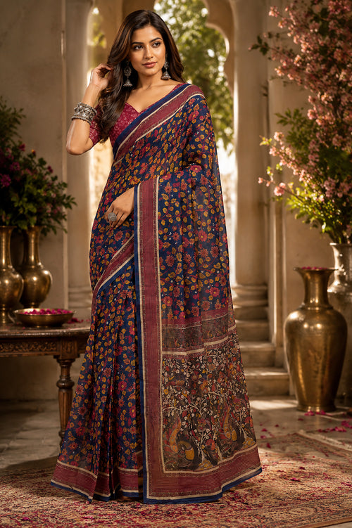 Dista Elora Navy Blue Chanderi Cotton Kalamkari Floral Jaal Printed Ready To Wear Saree