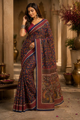 Dista Elora Navy Blue Chanderi Cotton Kalamkari Floral Jaal Printed Ready To Wear Saree, view 2