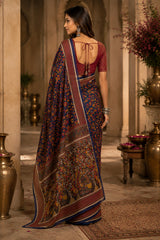 Dista Elora Navy Blue Chanderi Cotton Kalamkari Floral Jaal Printed Ready To Wear Saree, view 3