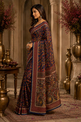Dista Elora Navy Blue Chanderi Cotton Kalamkari Floral Jaal Printed Ready To Wear Saree, view 4