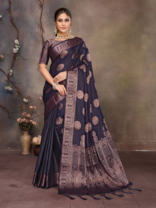 Dista Elora Navy Blue Fendi Satin Silk Banarasi Jacquard Butta Work Saree With Woven Designed Border