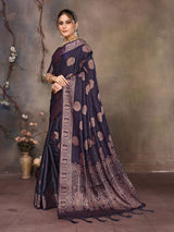 Dista Elora Navy Blue Fendi Satin Silk Banarasi Jacquard Butta Work Saree With Woven Designed Border, view 2