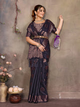 Dista Elora Navy Blue Fendi Satin Silk Banarasi Jacquard Butta Work Saree With Woven Designed Border, view 3
