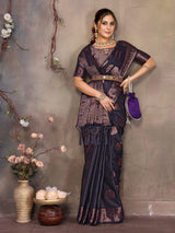 Dista Elora Navy Blue Fendi Satin Silk Banarasi Jacquard Butta Work Saree With Woven Designed Border, view 4