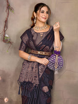 Dista Elora Navy Blue Fendi Satin Silk Banarasi Jacquard Butta Work Saree With Woven Designed Border, view 5