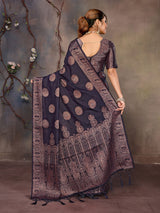 Dista Elora Navy Blue Fendi Satin Silk Banarasi Jacquard Butta Work Saree With Woven Designed Border, view 6