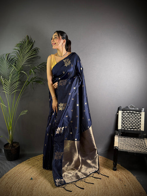 Dista Elora Navy Blue Lichi Silk Flower Zari Weaving Banarasi Saree
