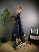 Dista Elora Navy Blue Lichi Silk Flower Zari Weaving Banarasi Saree, view 2