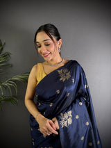 Dista Elora Navy Blue Lichi Silk Flower Zari Weaving Banarasi Saree, view 3