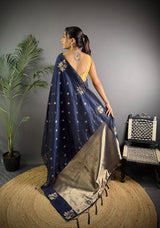 Dista Elora Navy Blue Lichi Silk Flower Zari Weaving Banarasi Saree, view 4
