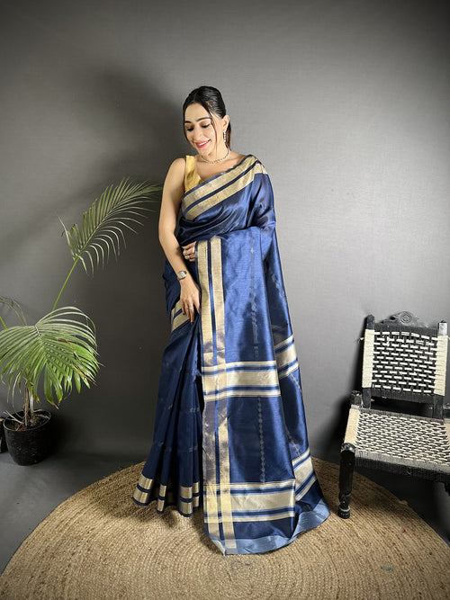 Dista Elora Navy Blue Raw Silk Zari Woven Kanjivaram Saree