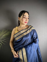 Dista Elora Navy Blue Raw Silk Zari Woven Kanjivaram Saree, view 4