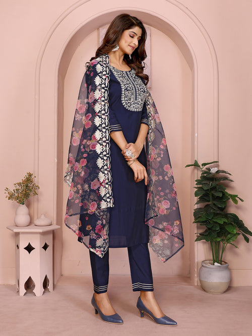 Dista Elora Navy Blue Roman Plain Embroidery Straight Round Neck Kurta Set