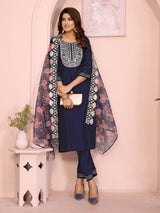 Dista Elora Navy Blue Roman Plain Embroidery Straight Round Neck Kurta Set, view 2