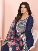 Dista Elora Navy Blue Roman Plain Embroidery Straight Round Neck Kurta Set, view 3