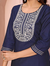 Dista Elora Navy Blue Roman Plain Embroidery Straight Round Neck Kurta Set, view 4