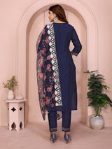 Dista Elora Navy Blue Roman Plain Embroidery Straight Round Neck Kurta Set, view 5