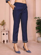 Dista Elora Navy Blue Roman Plain Embroidery Straight Round Neck Kurta Set, view 6