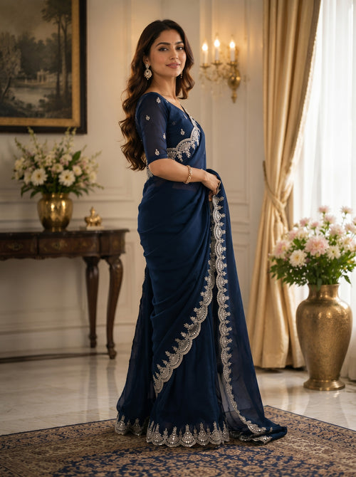Dista Elora Navy Blue Shimmer Chiffon Plain/Solid Scalloped Edge Embroidered Border Bollywood Saree