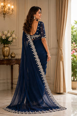 Dista Elora Navy Blue Shimmer Chiffon Plain/Solid Scalloped Edge Embroidered Border Bollywood Saree, view 2